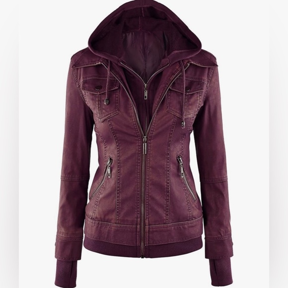 Jackets & Blazers - Faux Leather Jacket Women Motorcycle Coat for Biker with Removable Hood -wine